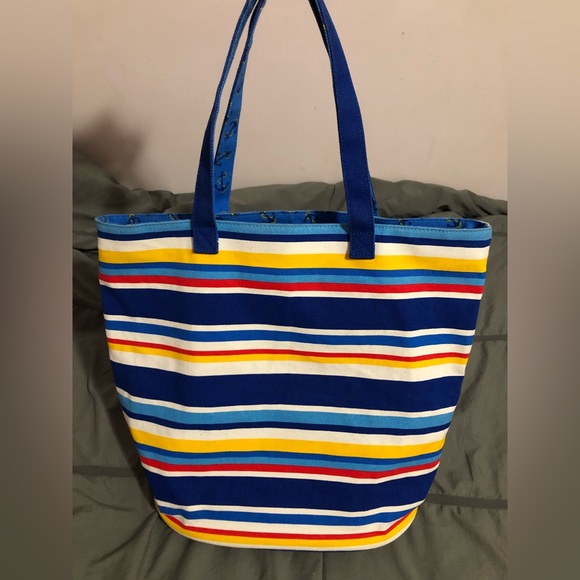 Punctuate Canvas Tote Beach Bag Stripes Anchors Primary Colors NICE - Picture 1 of 9